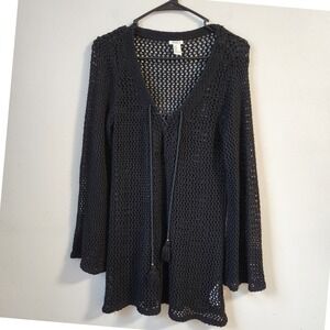 Forever 21 Black Crochet Knit‎ Tunic Cover Up V Neck Tassel Tie Medium